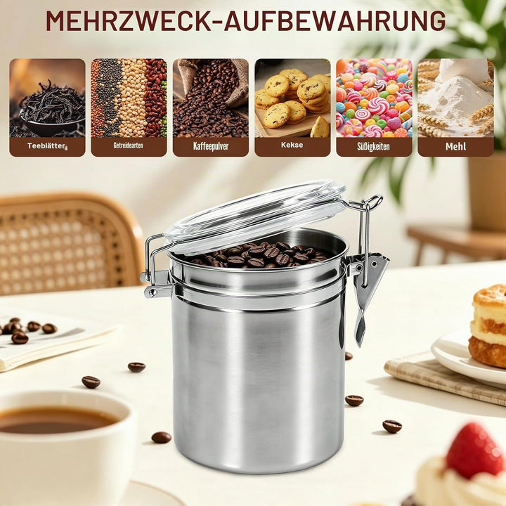 Hapivida Luftdichte Vakuum Kaffeedose, 1000ml Edelstahl Kaffeepulver Dose mit Aroma-Deckel und Versc