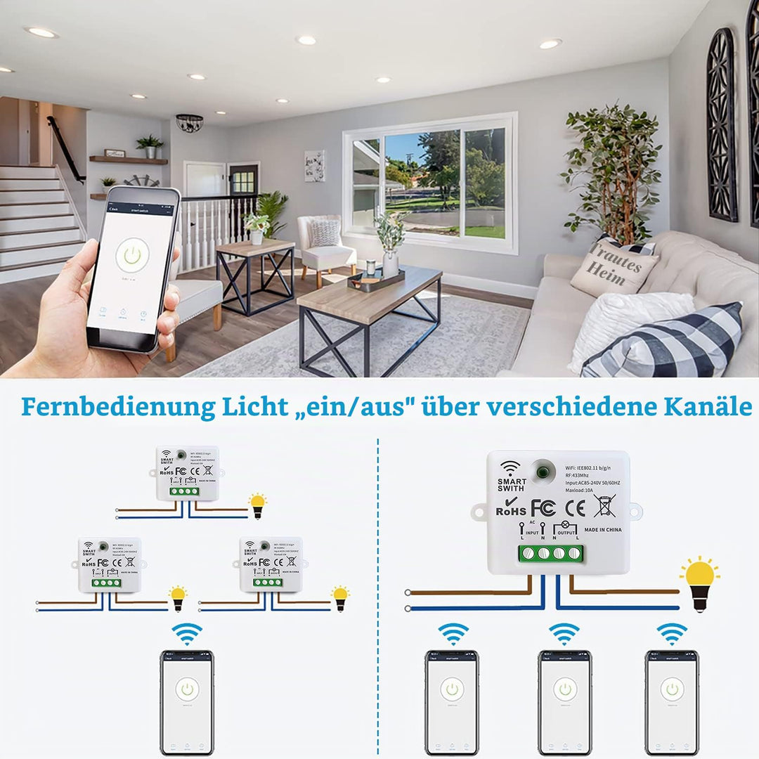 DieseRC Mini Wireless WiFi Switch, 2500W 10A RF Relay Fernbedienungsempfänger, Smart Control per Tel