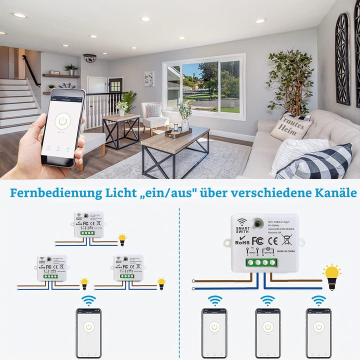 DieseRC Mini Wireless WiFi Switch, 2500W 10A RF Relay Fernbedienungsempfänger, Smart Control per Tel
