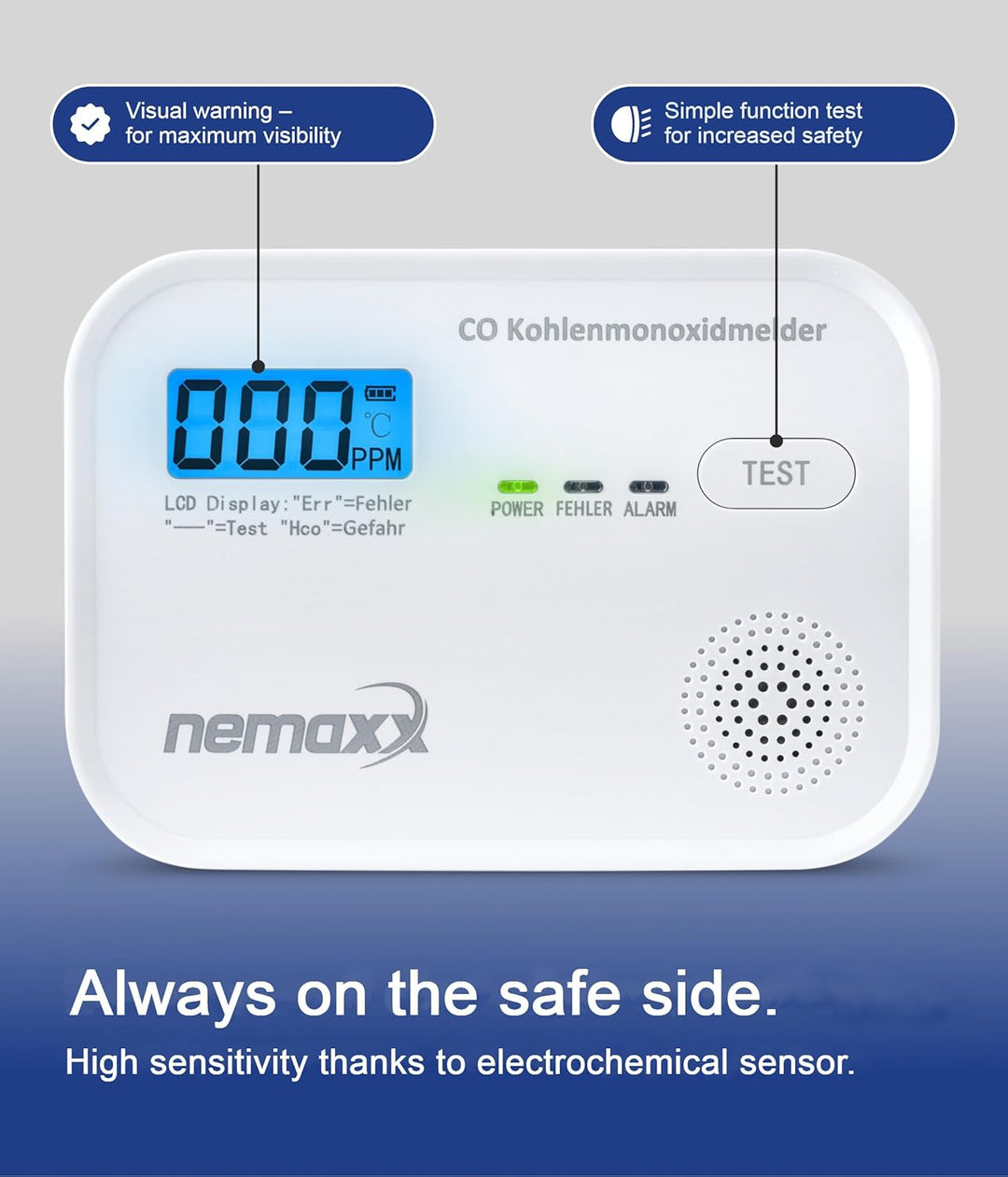 CO Melder Kohlenmonoxid Gasmelder Gaswarner Rauchmelder Nemaxx nach DIN EN50291