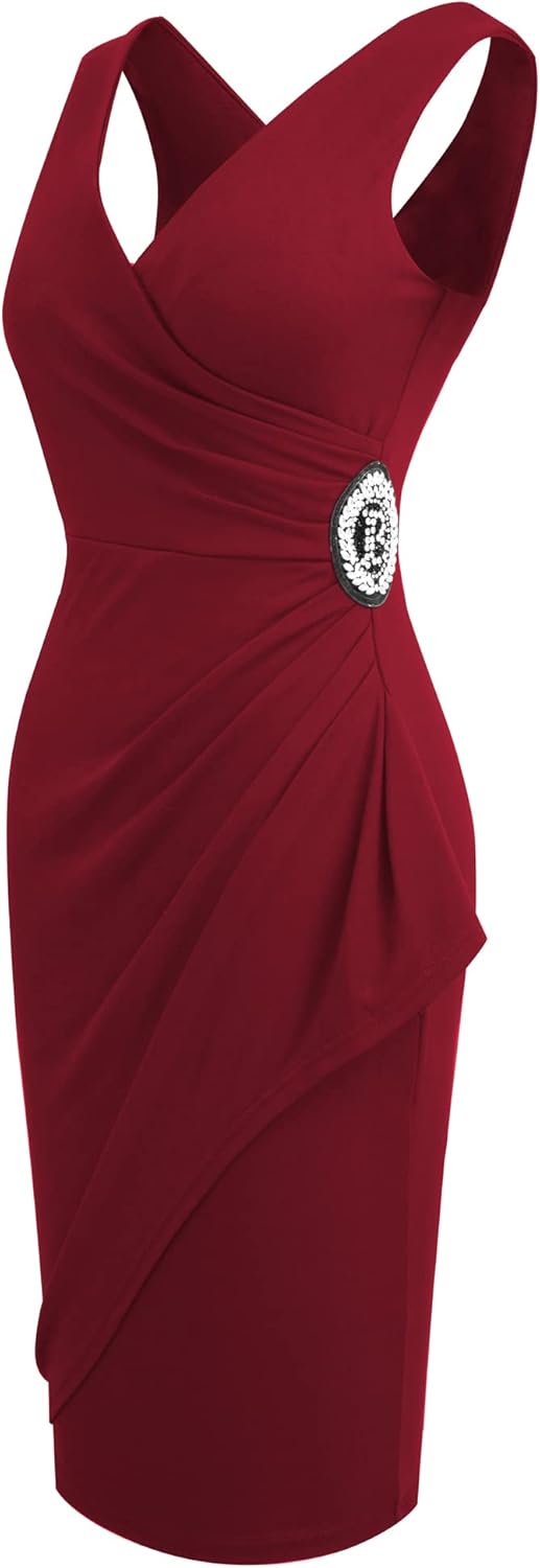 HOMEYEE Damen V-Ausschnitt Ärmellos Rüschen Peplum Bodycon Cocktail Bleistiftkleid B706 M Burgund, M