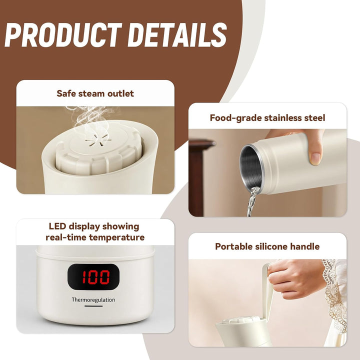 Reisewasserkocher Klein 400ml-4 Einstellbare Temperaturstufen Wasserkocher Reise von Tee Kaffee und