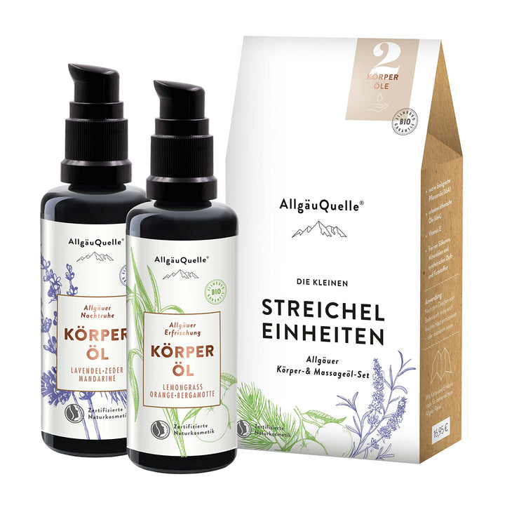 AllgäuQuelle – mini BIO Körperöl Set STREICHEL EINHEITEN | kleines Geschenkset Naturkosmetik | 2 x 5