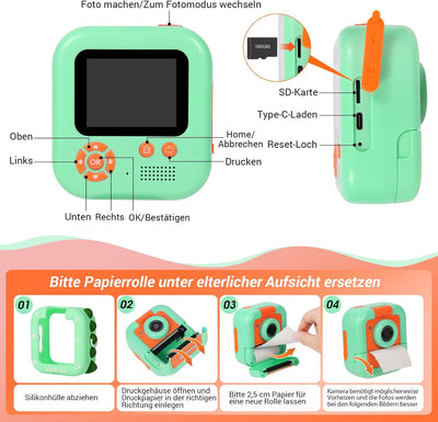 Kinderkamera Sofortbildkamera, ZUEOKAI 2,4" Sofortbildkamera Kinder mit 180°-Drehobjektiv & 3 Druckp