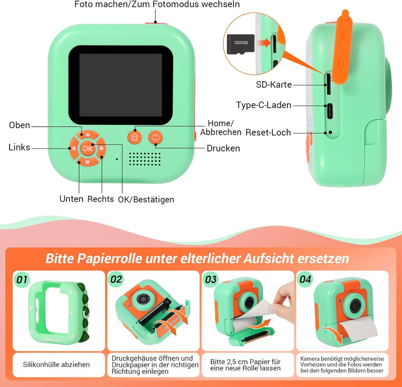 Kinderkamera Sofortbildkamera, ZUEOKAI 2,4" Sofortbildkamera Kinder mit 180°-Drehobjektiv & 3 Druckp