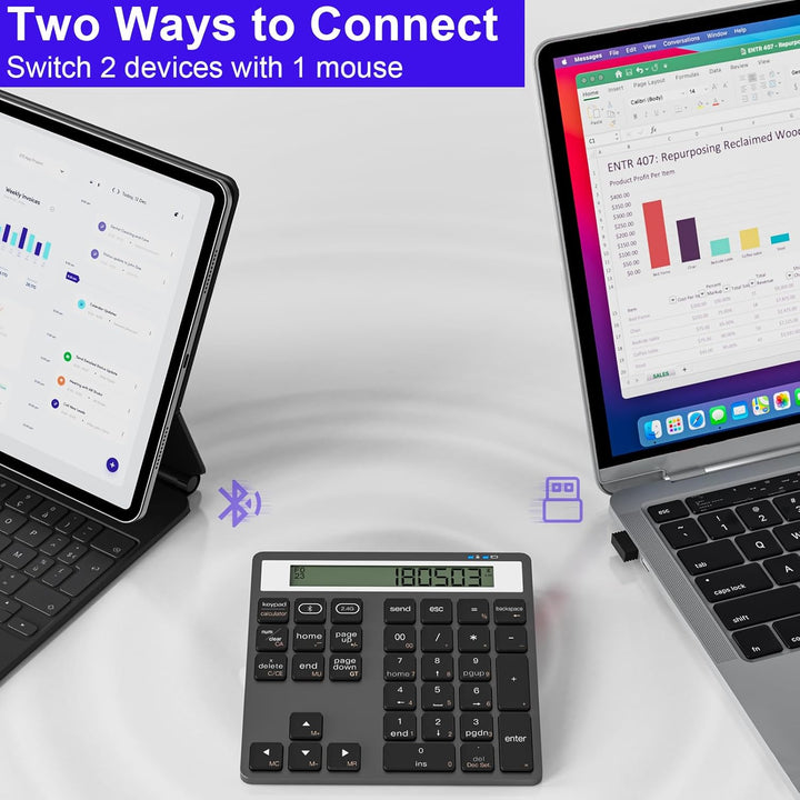 Bluetooth Nummernblock mit Taschenrechner - 2 in 1 Kabelloser Ziffernblock mit 34 Tasten + Taschenre