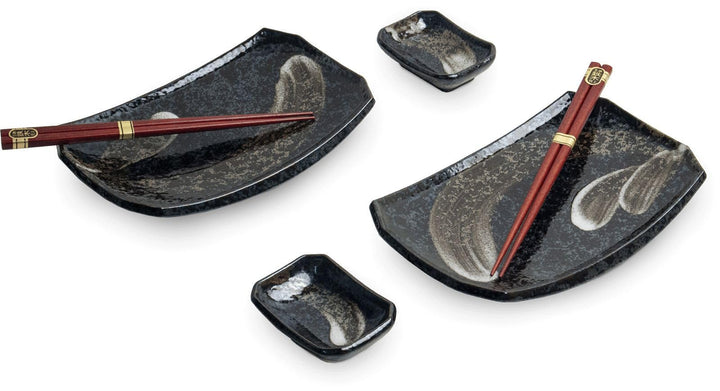 Sushi Set TENMOKU hergestellt in Japan Sushiset als Geschenkset zwei Sushi Teller zwei Schälchen und