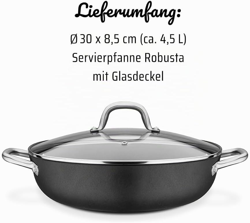 GSW 716499 Servierpfanne Robusta 30cm mit Glasdeckel, Gusseisen, Edelstahl rostfrei, schwarz