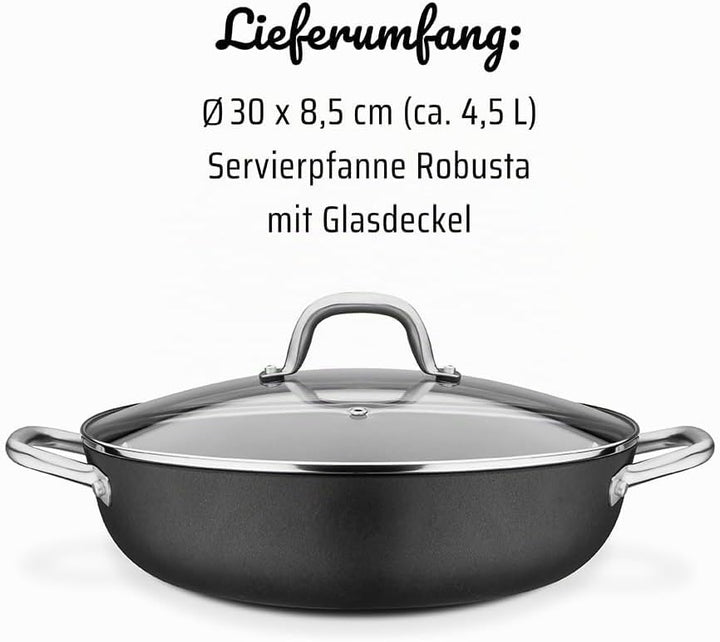 GSW 716499 Servierpfanne Robusta 30cm mit Glasdeckel, Gusseisen, Edelstahl rostfrei, schwarz