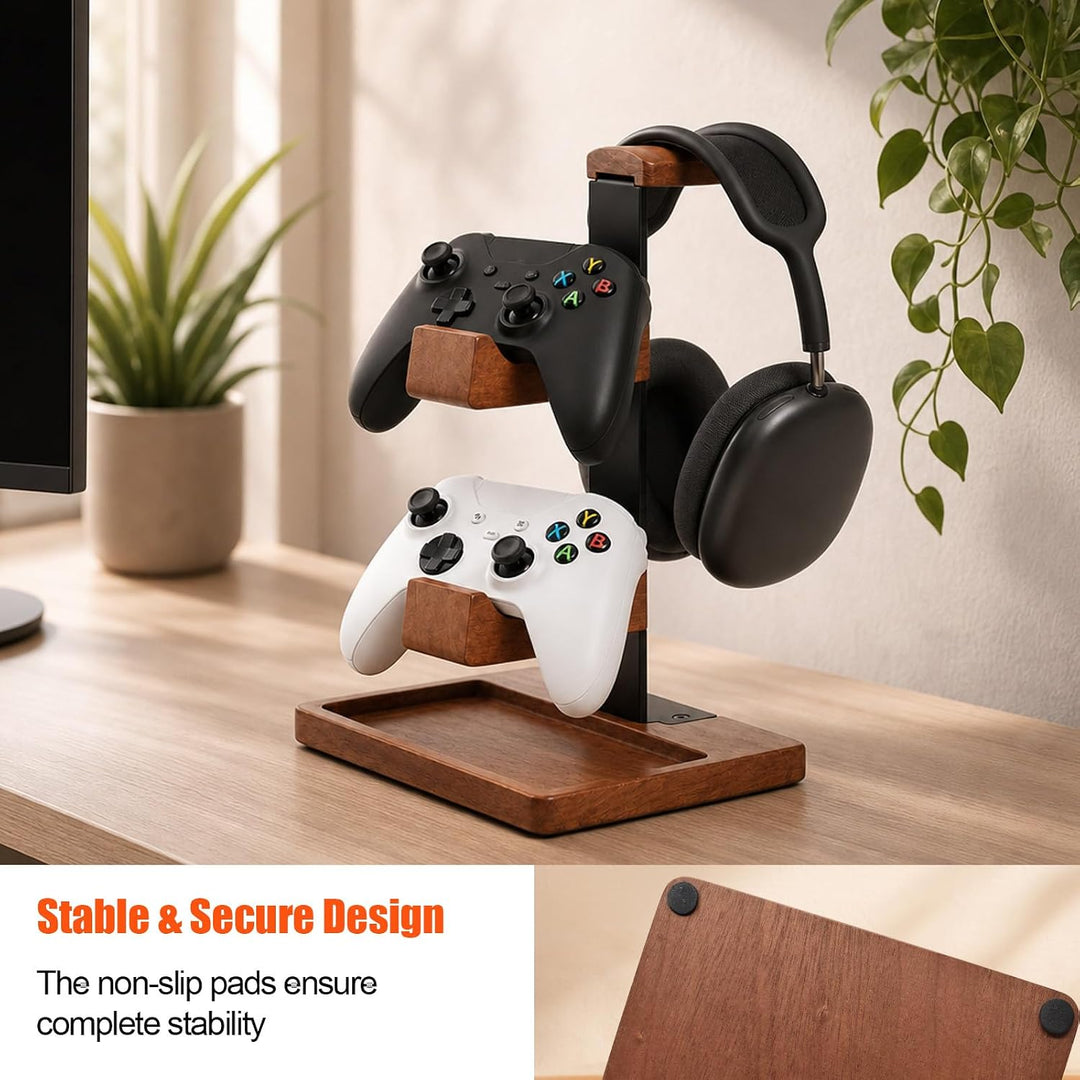 Controller Halter und Kopfhörer Ständer aus Holz, Tisch Headset Halterung mit Aufbewahrungsbasis, Un
