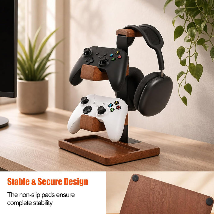 Controller Halter und Kopfhörer Ständer aus Holz, Tisch Headset Halterung mit Aufbewahrungsbasis, Un