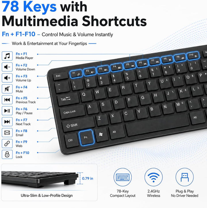 Kabellose Tastatur- und Maus-Kombination, 2,4 GHz Tragbar Wiederaufladbare Funktastatur Maus, Mechan