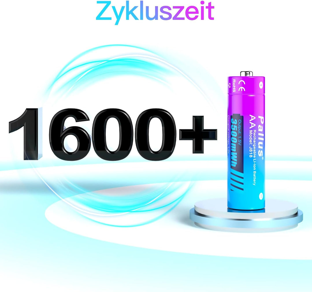 Pallus 1,5V Wiederaufladbarer AA Lithium Akku, 8 Stück 1,5 V AA Akku mit 2-Stunden-Ultra-Schnelllade