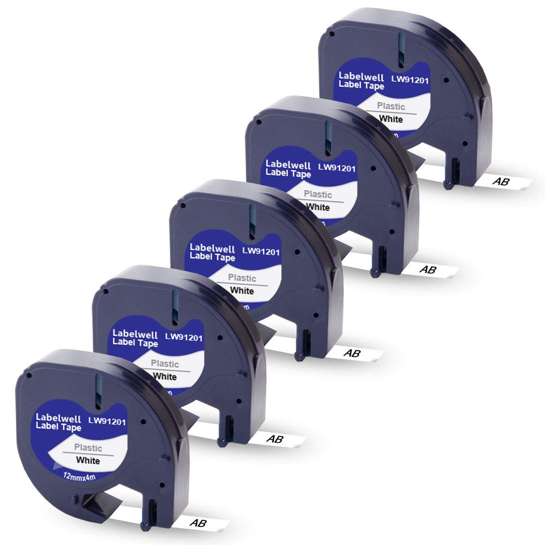 Labelwell 5x Kompatibel für Dynmo 91221 S0721660 91201 Kunststoff Schriftband Schwarz auf Weiss 12mm