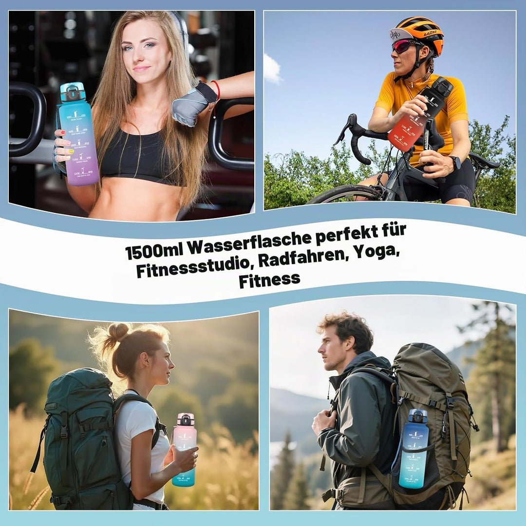 Trinkflasche 1.5l, Wasserflasche Sport, Trinkflasche Erwachsene, Wasserflasche Auslaufsicher, mit Ze