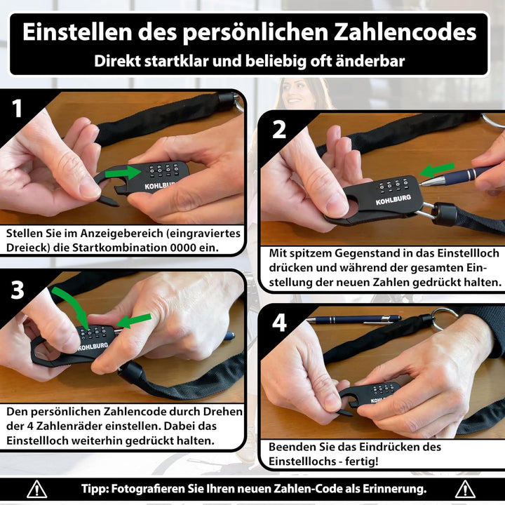 KOHLBURG sicheres Taschenschloss aus Kette & Zahlencode 129cm lang - robuste Sicherheit als Kinderwa