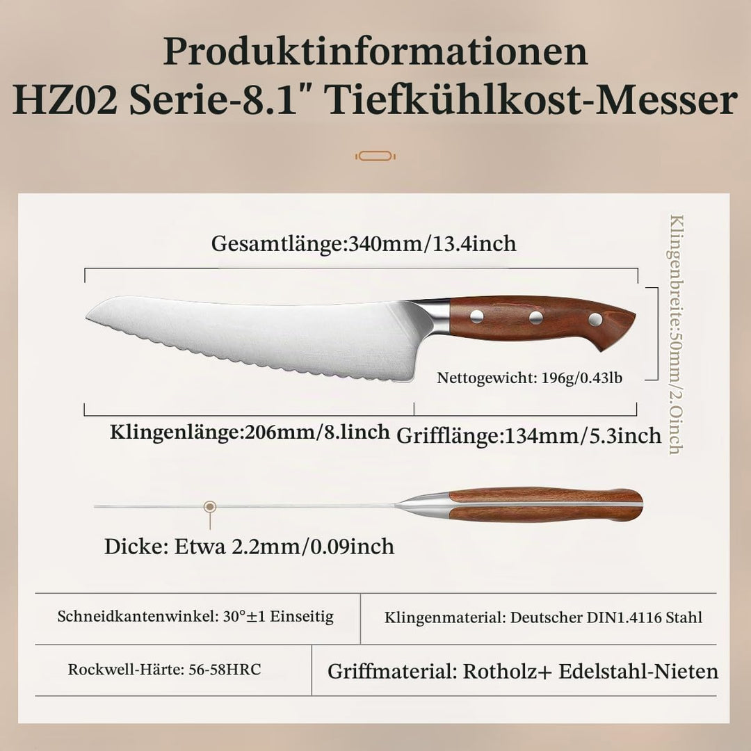 HEZHEN German Stahl Gefriergut Messer Gezahnte Klinge, Profi Küchenmesser für Gefrorenes Fleisch und