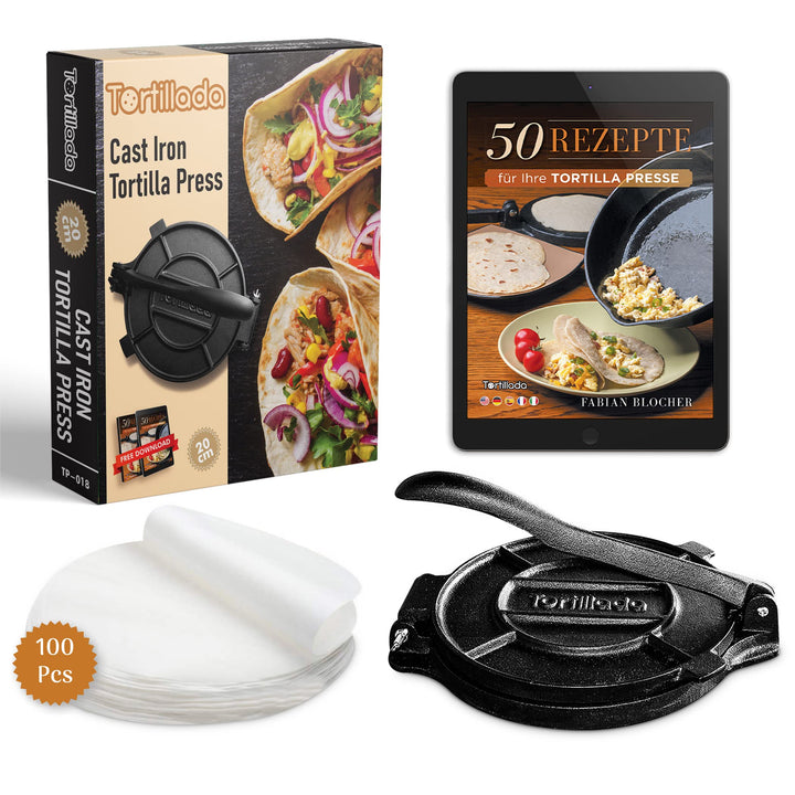 Tortillada – Tortillapresse aus Gusseisen + E-Book mit 50 Tortilla Rezepten + 100 x Pergamentpapier