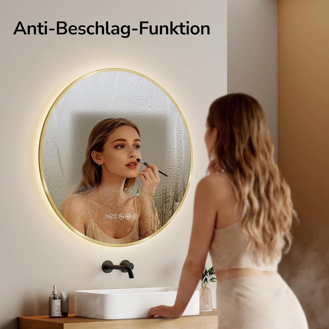 EMKE LED Badspiegel Rund Spiegel mit Beleuchtung ф70cm Gebürstetem Goldrahmen LED Badezimmerspiegel