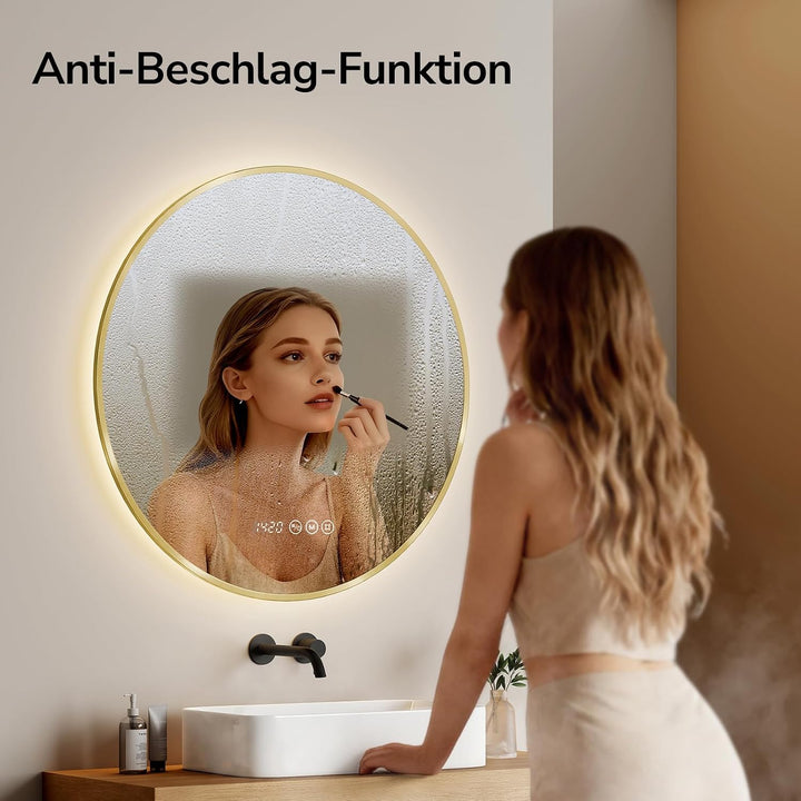 EMKE LED Badspiegel Rund Spiegel mit Beleuchtung ф70cm Gebürstetem Goldrahmen LED Badezimmerspiegel