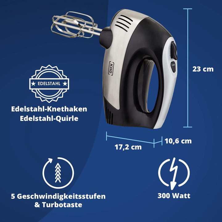 KHG Elektrischer Handmixer HM-305 SE Edelstahl 300 Watt | Handrührer mit 5 Geschwindigkeiten und Tur