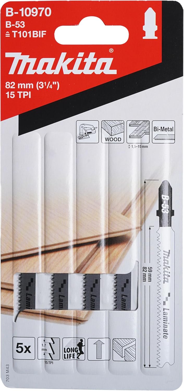 Makita B-10970 Stichsägeblatt B-53 BiM 5 Stück, spitz verzahnt, ideal für saubere Schnitte in Lamina