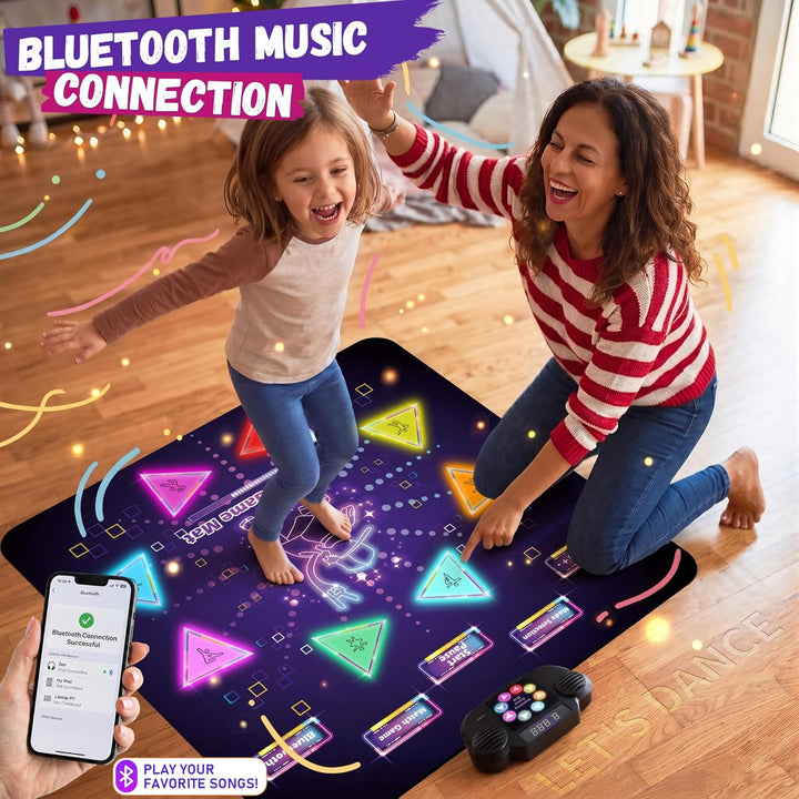 YESHIN Tanzmatte Kinder mit 8 farbigen Lichtern, Wiederaufladbare Musikmatte mit Bluetooth, 6 Spielm