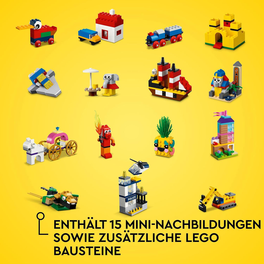 LEGO 11021 Classic 90 Jahre Spielspass Set, Bausteine-Box mit 15 Mini-Modellen legendärer Spielzeuge