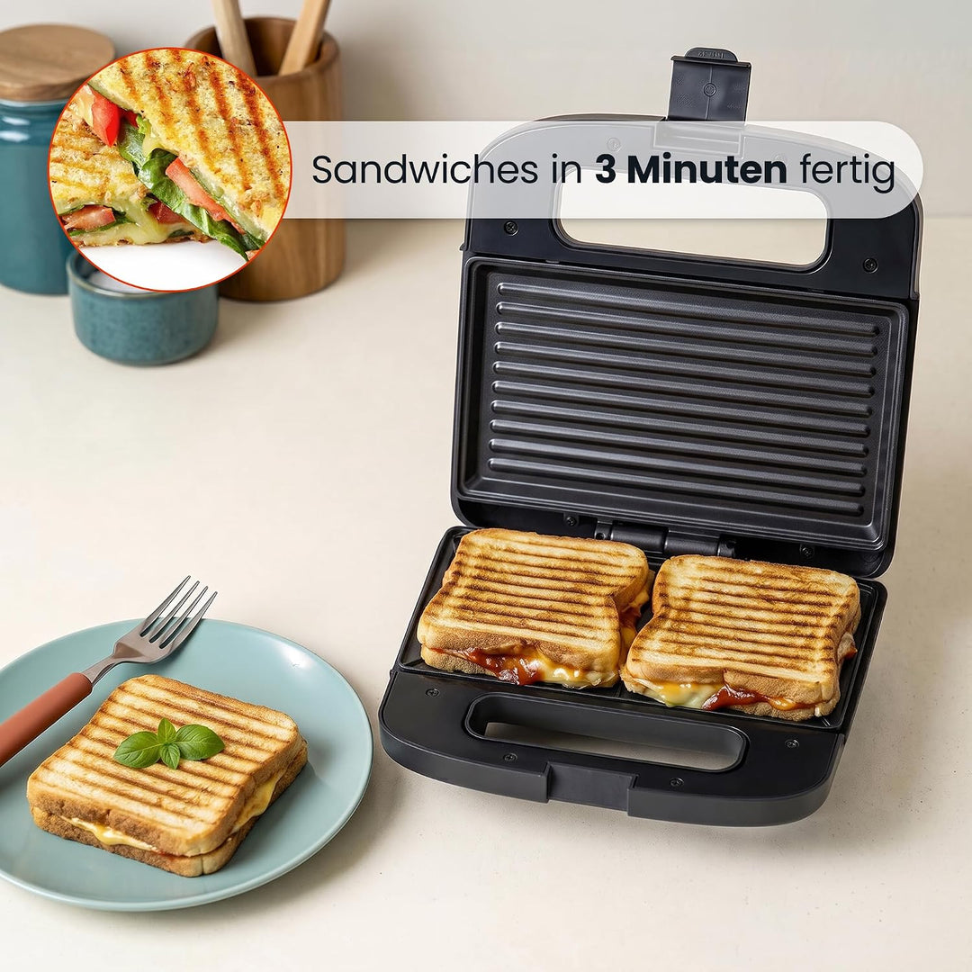 QuickBite Toaster, Sandwichmaker, Sandwich, Antihaftbeschichtung, 1000W, Panini, Schwarz Schwarz 24,