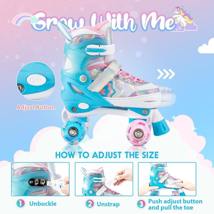 SULIFEEL Rainbow Unicorn Verstellbare Rollschuhe für Kinder mit Leuchtenden Rädern für Mädchen und J