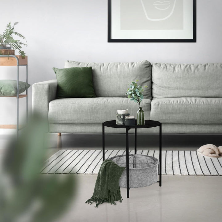 ML-Design Beistelltisch rund Ø46xH51 cm Schwarz, aus Metall, Couchtisch mit Stoffkorb &amp; abnehmbarer