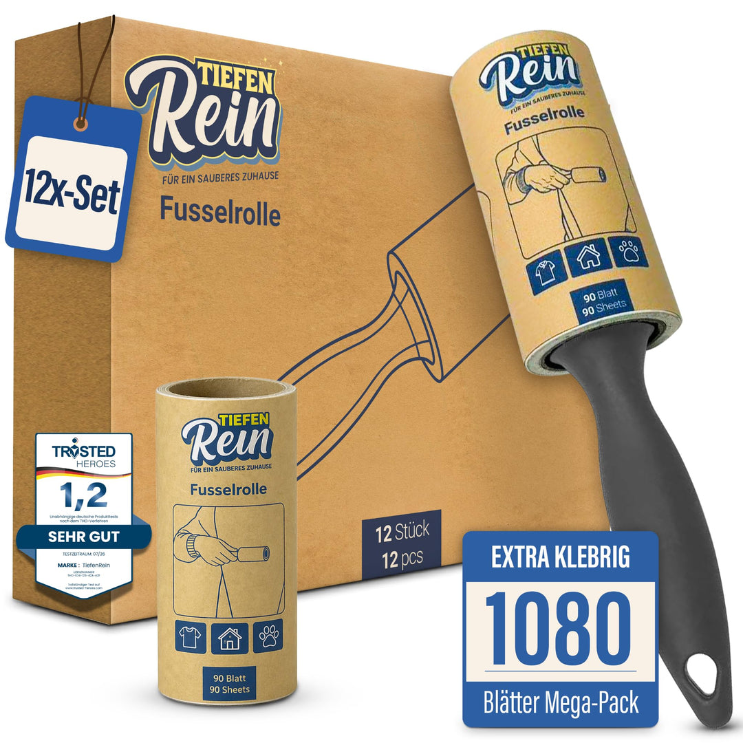TiefenRein Fusselrolle Tierhaare &amp; Kleidung – 12er Set (1080 Blatt) 1 Griff &amp; 1 Staubschutzhülle 12
