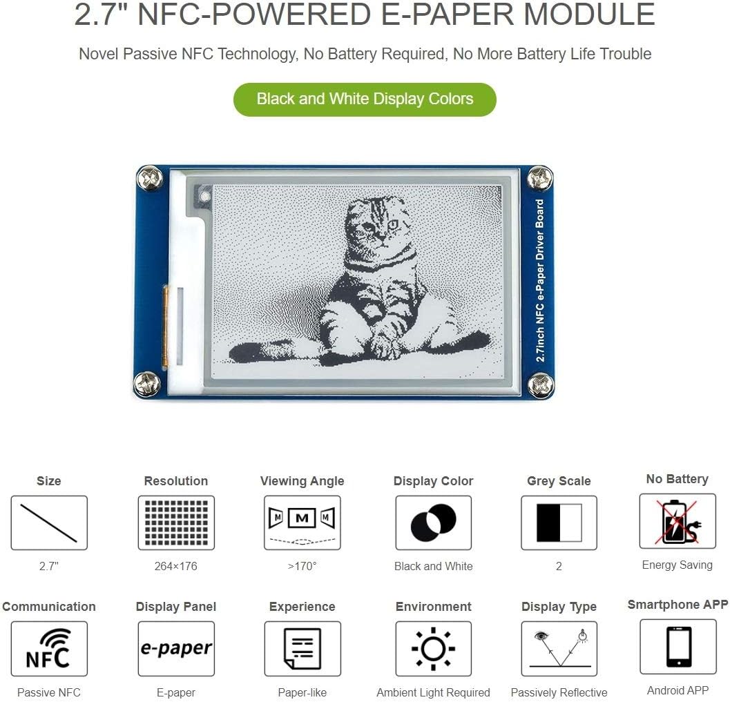 IBest 2.7inch Passive NFC-Powered e-Paper Module Black/White e-Ink Display, No Battery Required, Wir