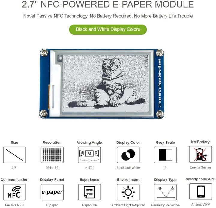 IBest 2.7inch Passive NFC-Powered e-Paper Module Black/White e-Ink Display, No Battery Required, Wir