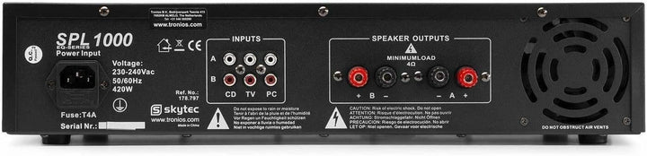 Skytec SPL 1000 2.0Kanäle Haus Verkabelt Schwarz - Audioverstärker (2.0 Kanäle, 0,5%, 95 dB, 500 W,