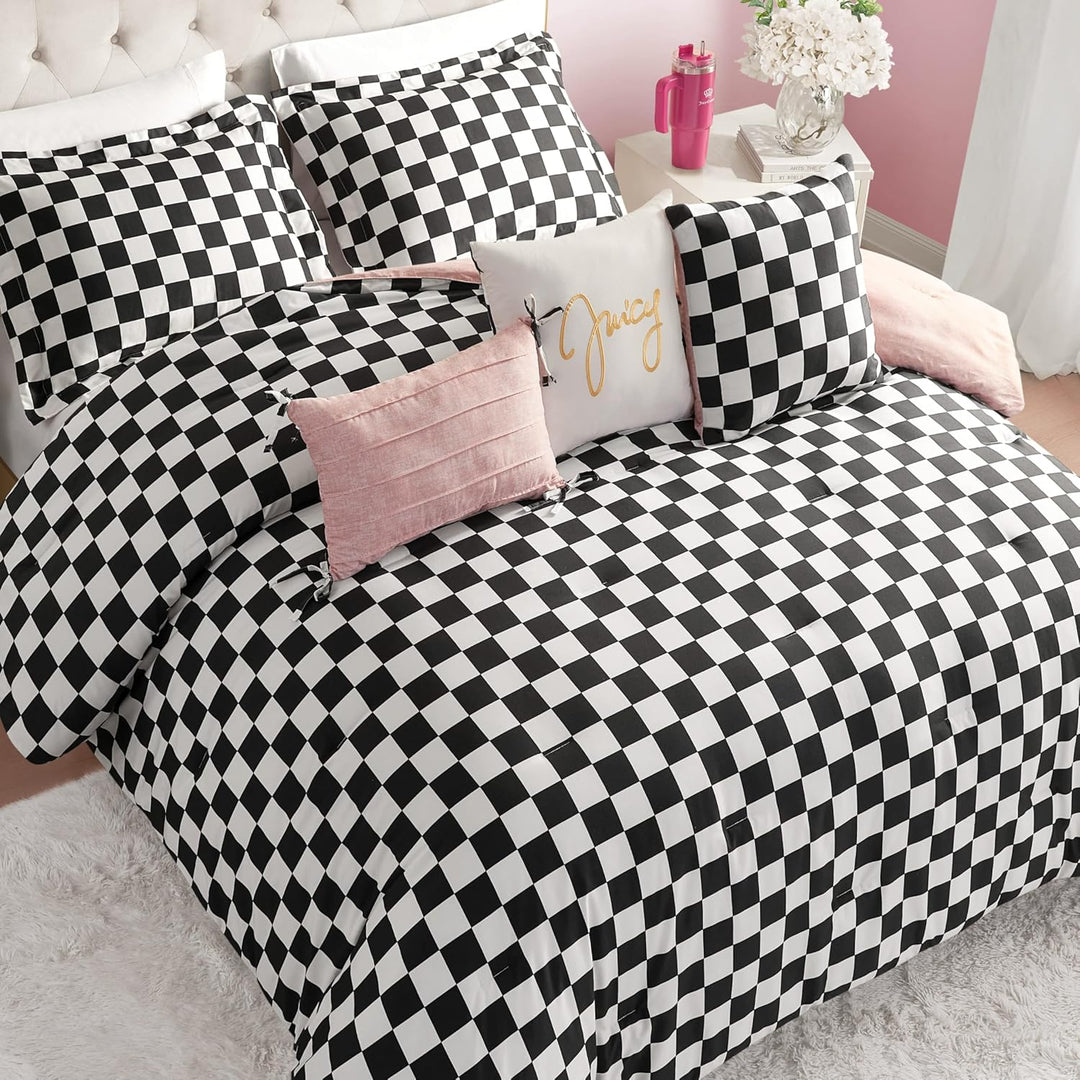 Juicy Couture-Wende-Steppdecken-Set, Schachbrettmuster, 6-teilig, King-Size-Set, Schwarz/Weiss King