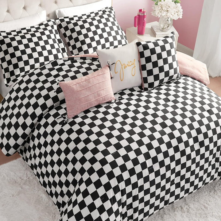 Juicy Couture-Wende-Steppdecken-Set, Schachbrettmuster, 6-teilig, King-Size-Set, Schwarz/Weiss King