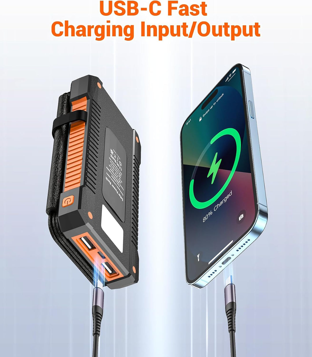 Solar Powerbank 26800 mAh, Powerbank USB-C 18W Schnellladung für iPhone Samsung und mehr, IPX7 wasse