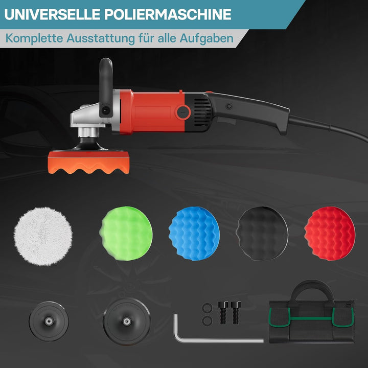 Wiltec Auto Poliermaschine Schleifmaschine 1200W bis 3000 U/min, Poliergerät mit 6 Stufen, mit Tasch