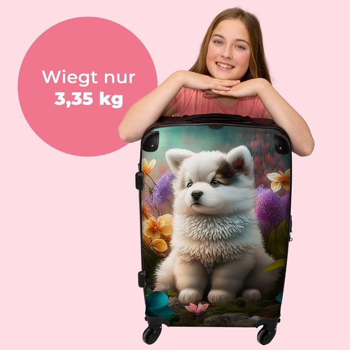 Koffer gross Trolley Rollkoffer Reisekoffer mit 4 Rollen Fotokoffer - Welpe - Blumen - Pflanzen - Na