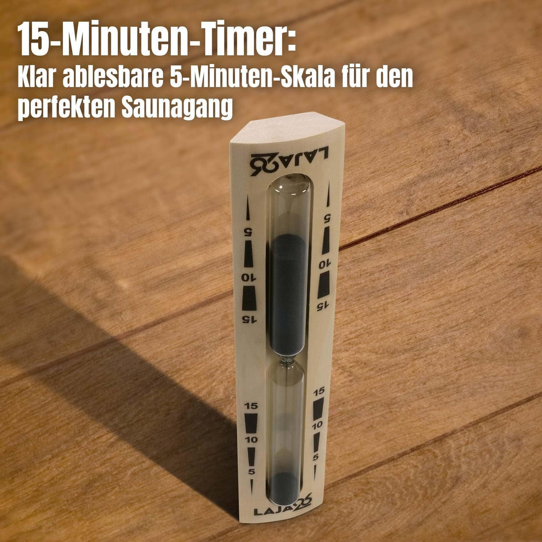 LaJa26 Sauna Sanduhr "Konvex" schwarzer Sand - FSC Espenholz - Drehgestell aus Holz zur Montage an d