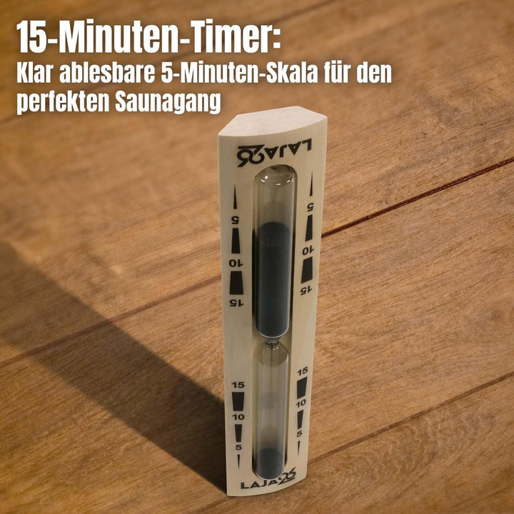LaJa26 Sauna Sanduhr "Konvex" schwarzer Sand - FSC Espenholz - Drehgestell aus Holz zur Montage an d