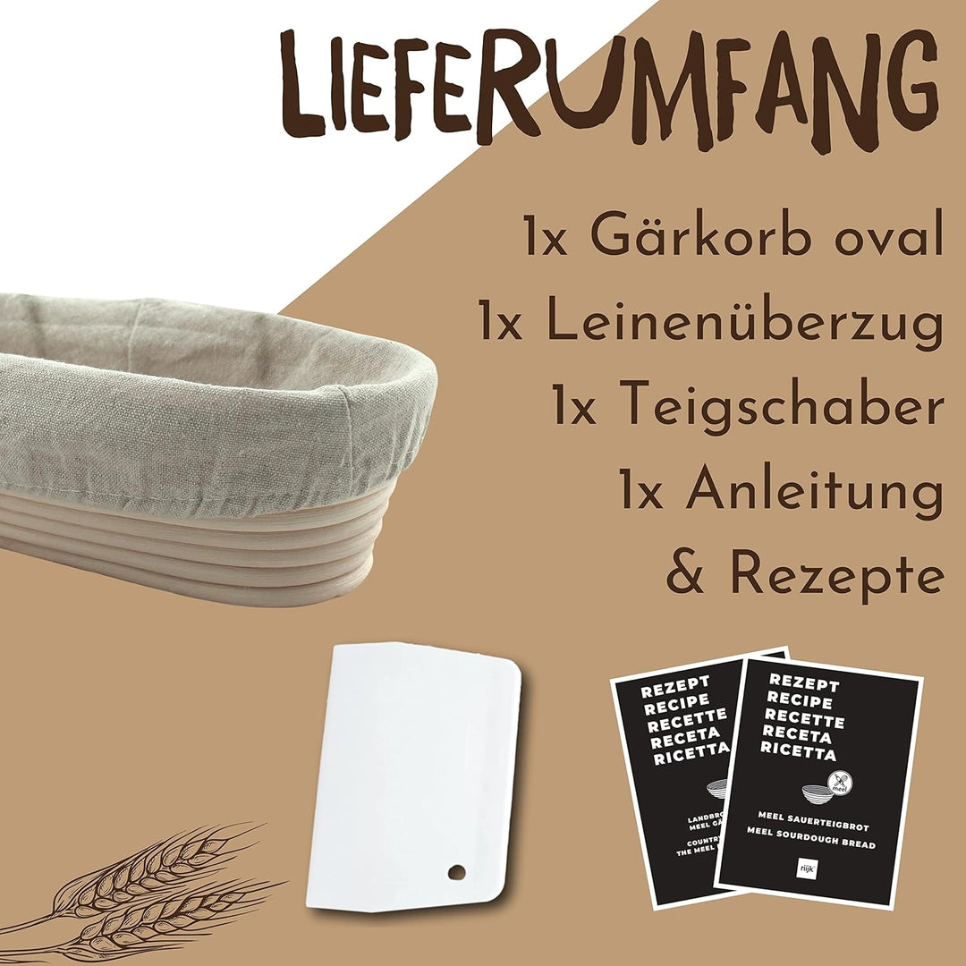 riijk Gärkörbchen + Teigschaber – Der ideale Gärkorb aus natürlichem Peddigrohr (oval, 28 cm) – mit