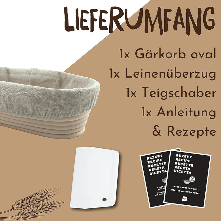 riijk Gärkörbchen + Teigschaber – Der ideale Gärkorb aus natürlichem Peddigrohr (oval, 28 cm) – mit