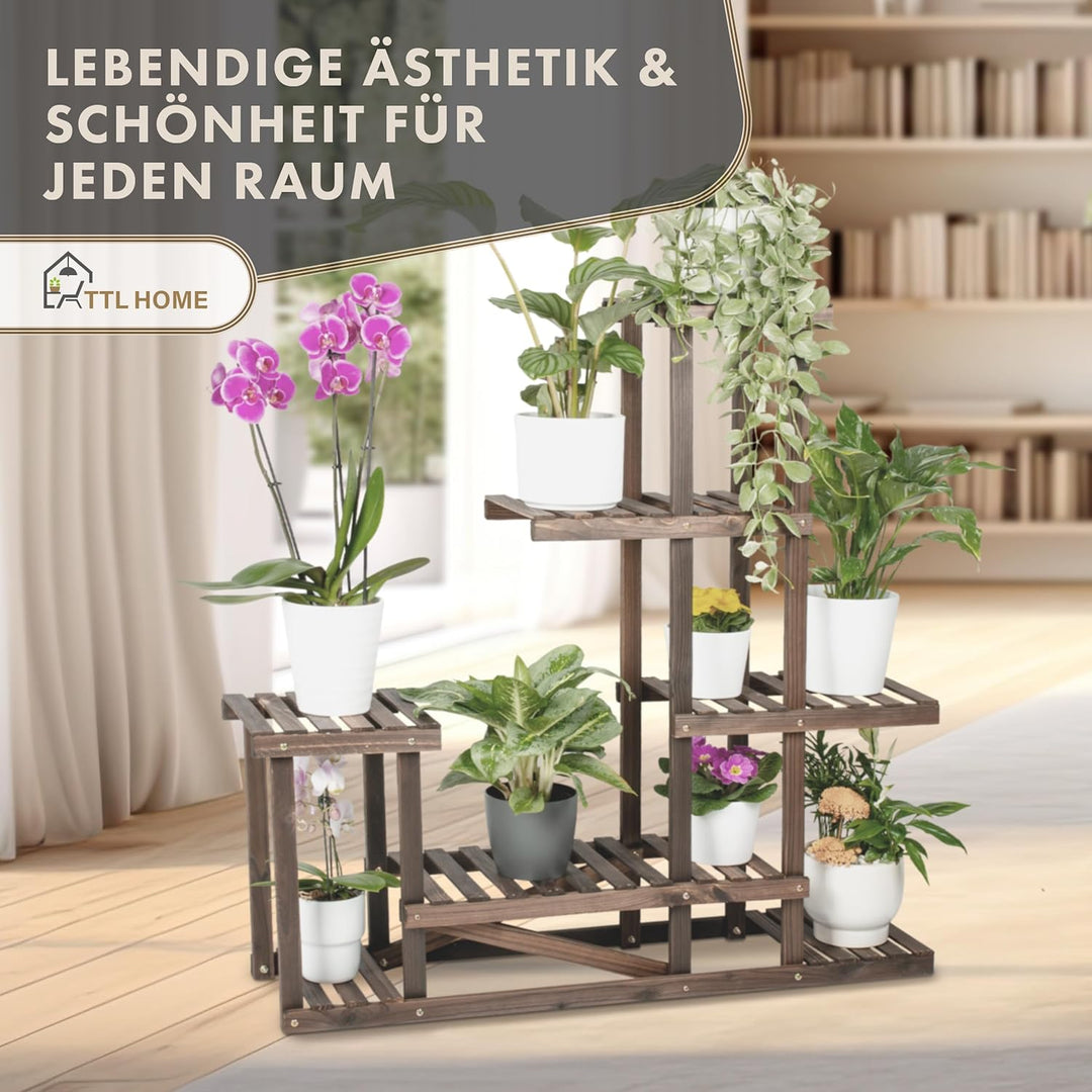 TTL HOME Pflanzenregal SKYLINE - 96 x 97 x 25 cm Natur Holz braun Pflanzentreppe Blumenbank 96cm hoc