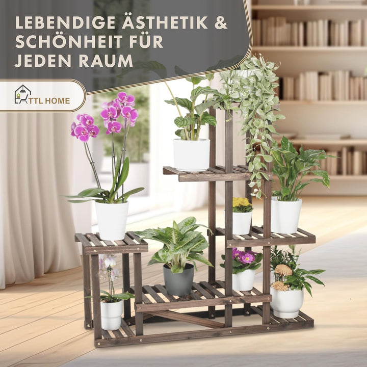 TTL HOME Pflanzenregal SKYLINE - 96 x 97 x 25 cm Natur Holz braun Pflanzentreppe Blumenbank 96cm hoc