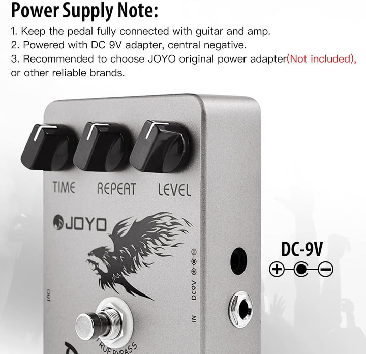 JOYO Digitales Delay-Effektpedal für E-Gitarre und Bass, Verzögerungszeitbereich 25–600 ms, Sounds „