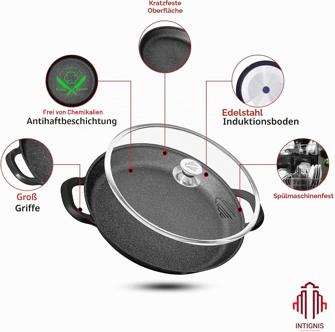 INTIGNIS Paellapfanne mit Glasdeckel 36cm• GREBLON® Keramik-Antihaft • Für alle Herdarten inkl. Indu