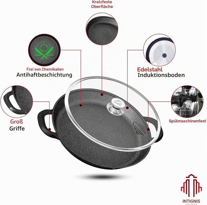 INTIGNIS Paellapfanne mit Glasdeckel 36cm• GREBLON® Keramik-Antihaft • Für alle Herdarten inkl. Indu