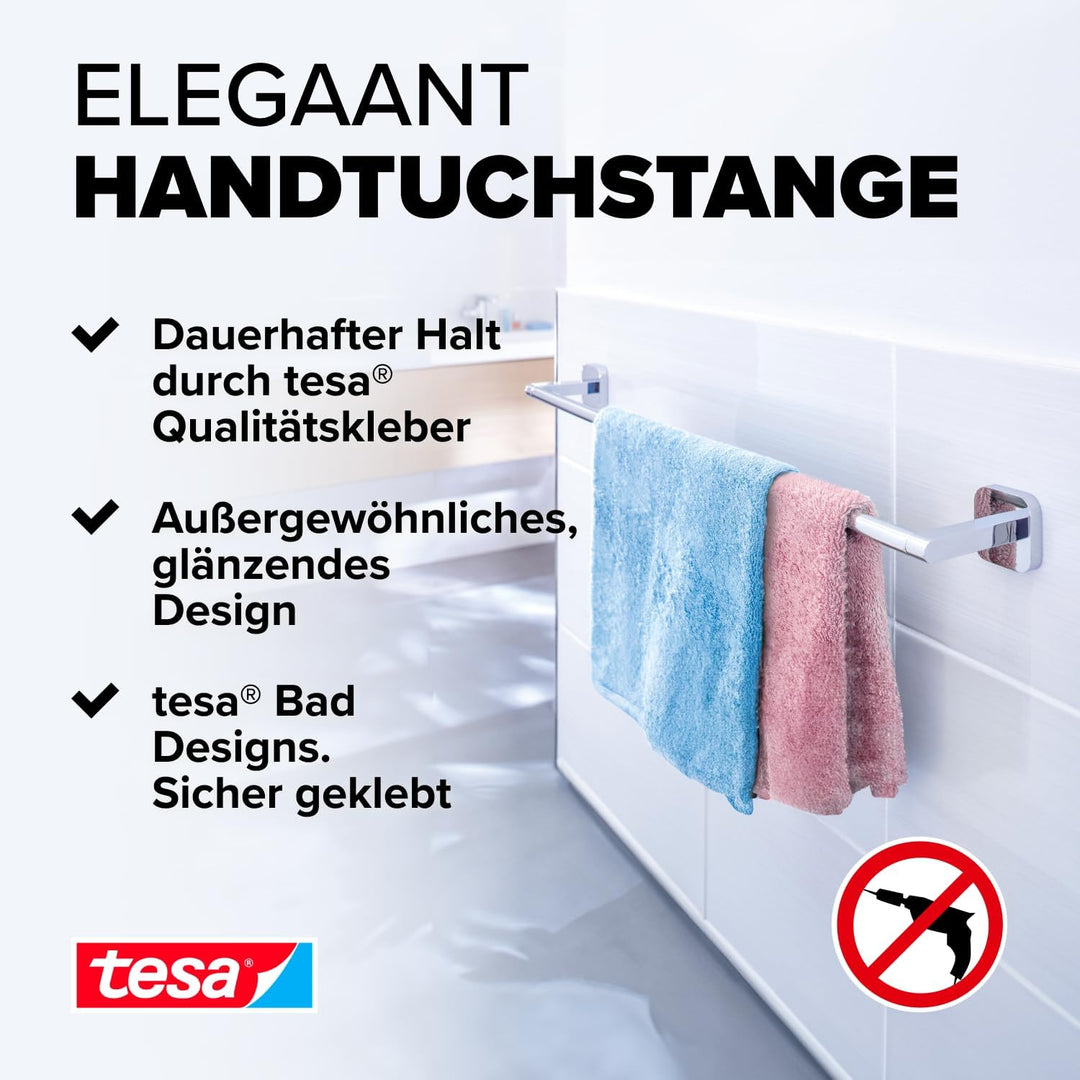 tesa ELEGAANT Handtuchstange, verchromt - Badetuchhalter zur Wandbefestigung ohne Bohren, inkl. Kleb